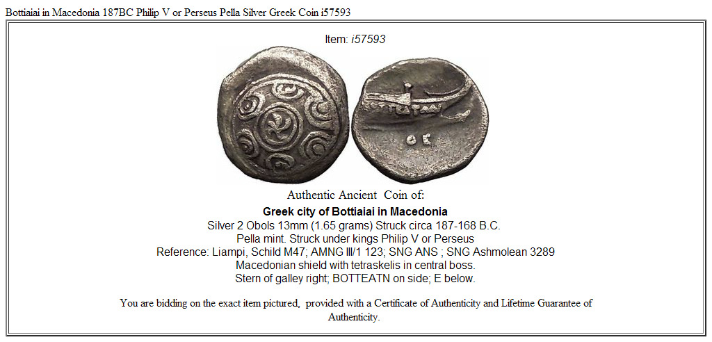 Bottiaiai in Macedonia 187BC Philip V or Perseus Pella Silver Greek Coin i57593