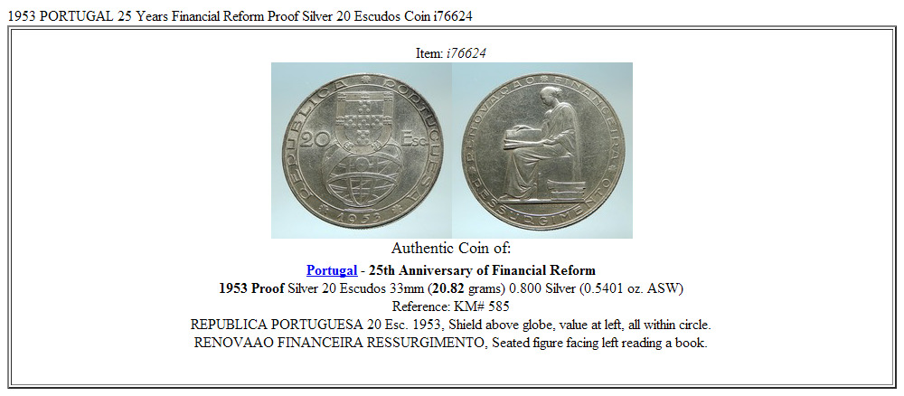 1953 PORTUGAL 25 Years Financial Reform Proof Silver 20 Escudos Coin i76624