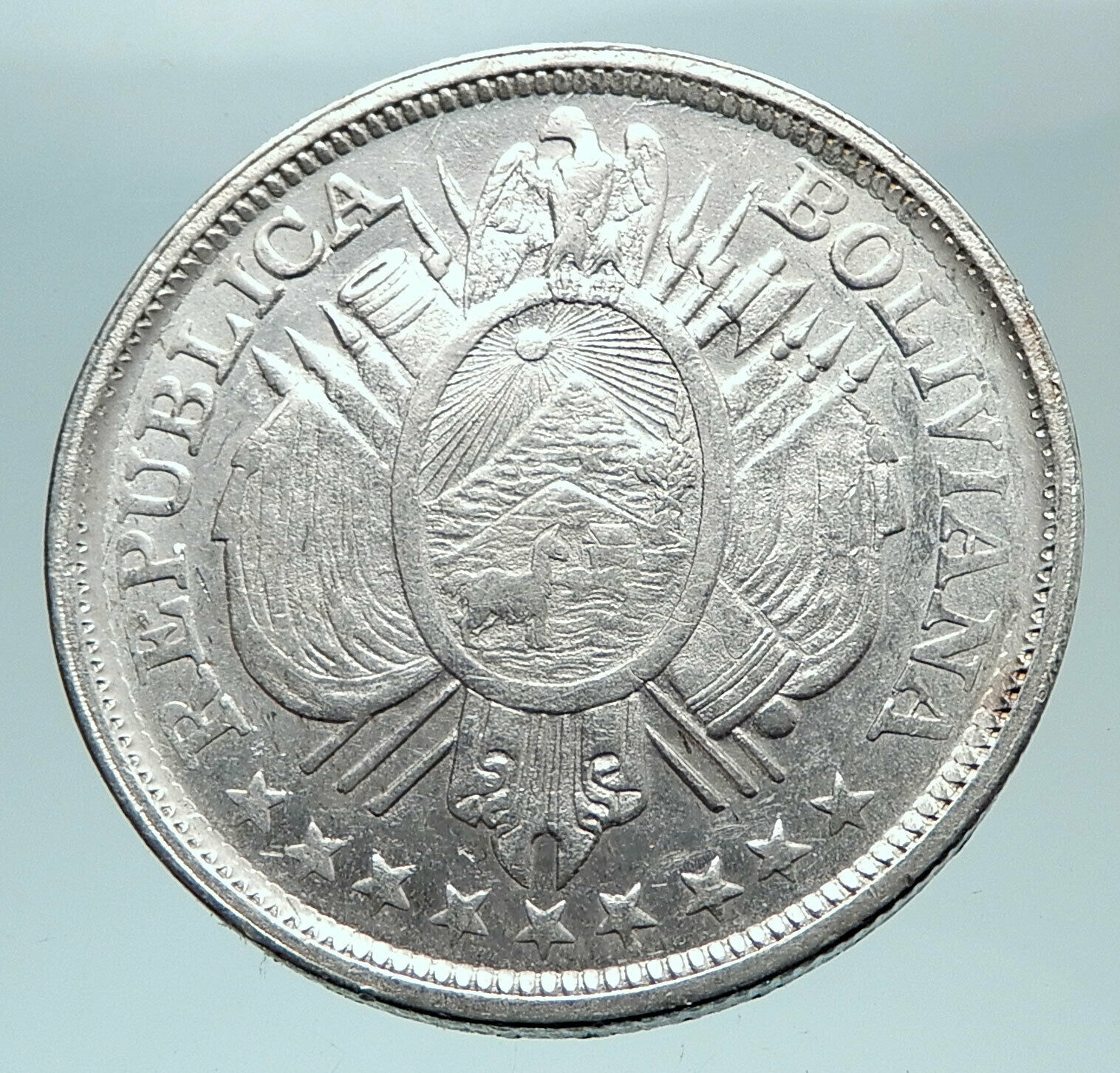 1893 BOLIVIA Antique Wreath Eagle Hill Genuine 50 Centavos Silver Coin i80978