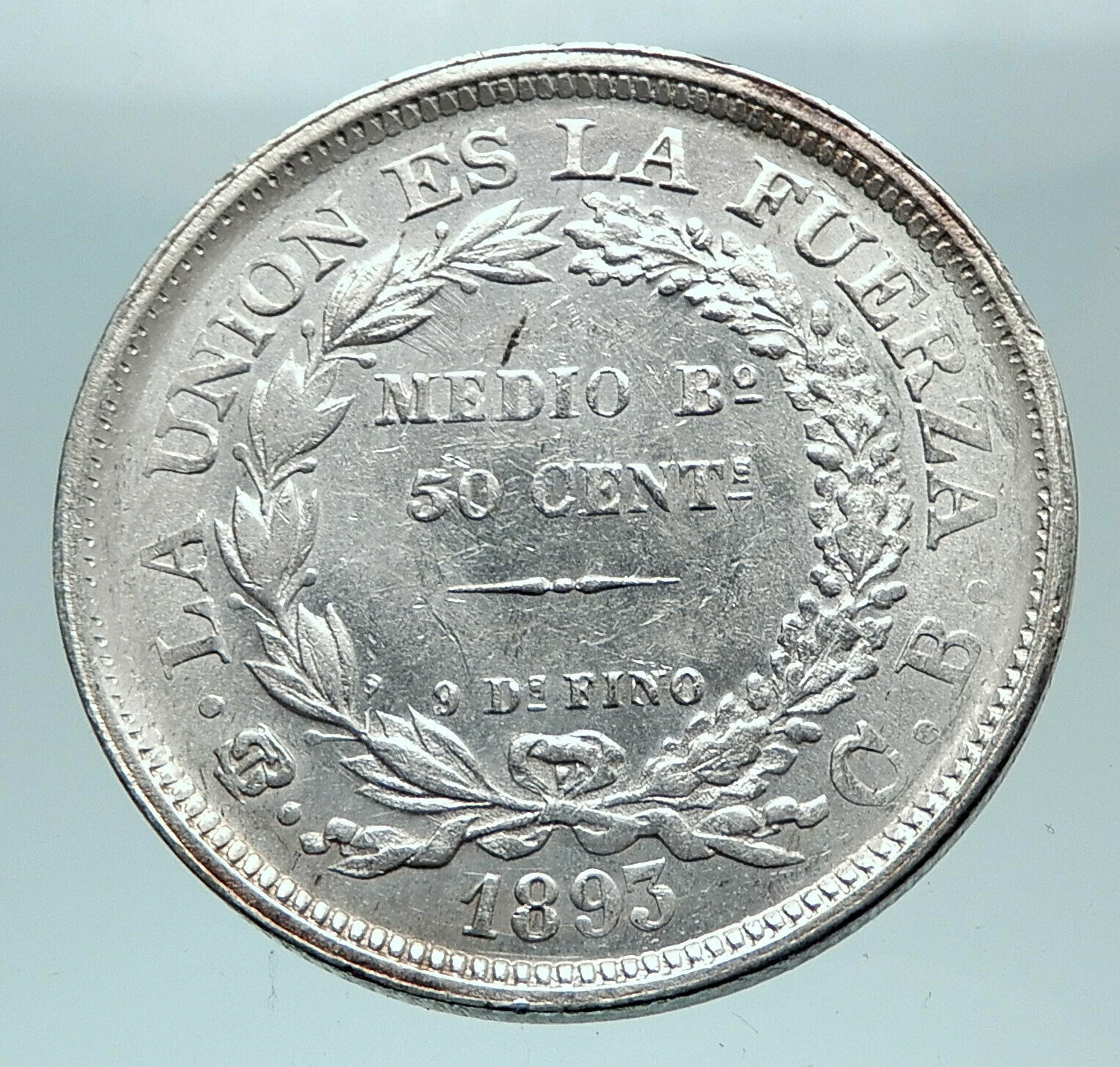 1893 BOLIVIA Antique Wreath Eagle Hill Genuine 50 Centavos Silver Coin i80978