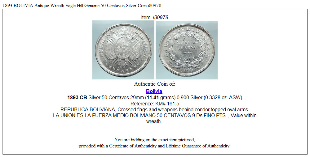 1893 BOLIVIA Antique Wreath Eagle Hill Genuine 50 Centavos Silver Coin i80978