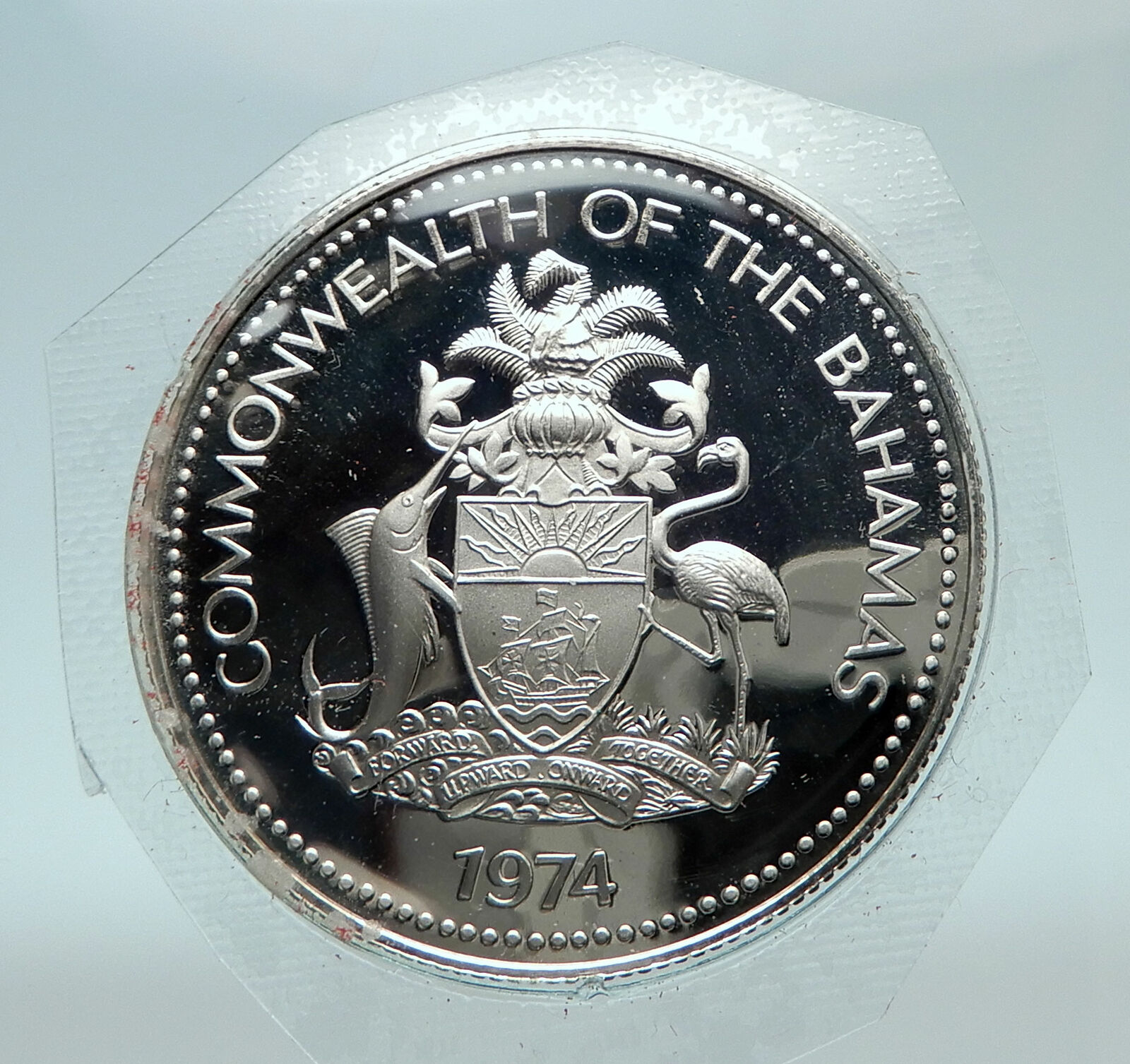 1974 BAHAMAS UK Queen Elizabeth II Marlin Proof Silver Coin 50 Cents Coin i81218