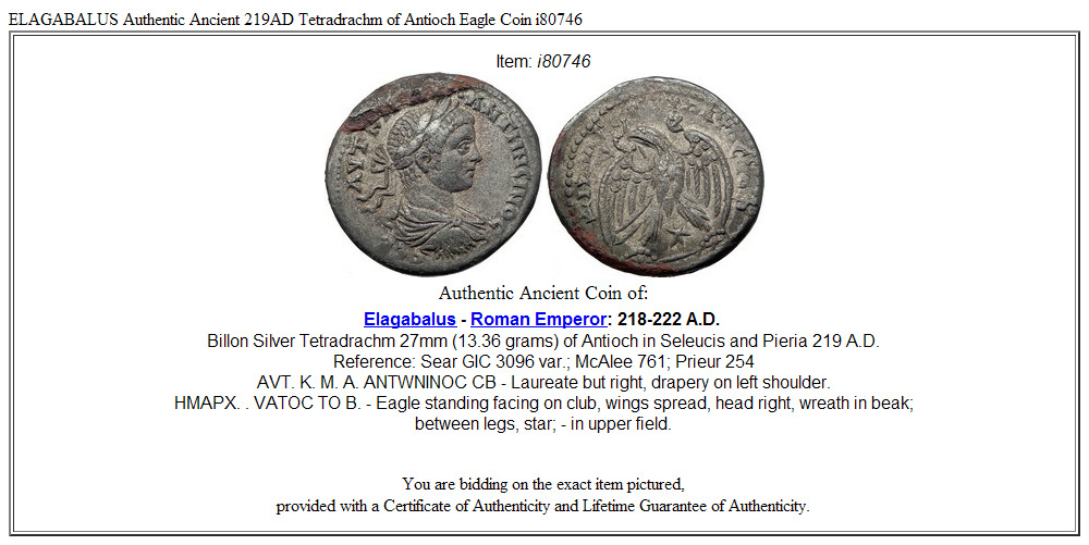 ELAGABALUS Authentic Ancient 219AD Tetradrachm of Antioch Eagle Coin i80746