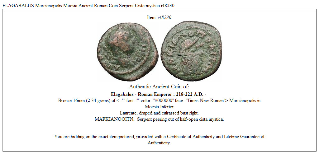 ELAGABALUS Marcianopolis Moesia Ancient Roman Coin Serpent Cista mystica i48230