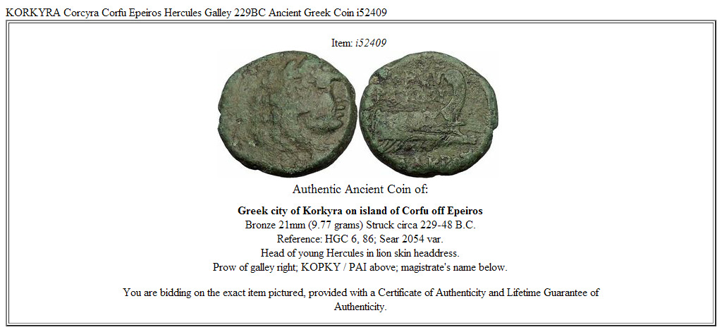 KORKYRA Corcyra Corfu Epeiros Hercules Galley 229BC Ancient Greek Coin i52409