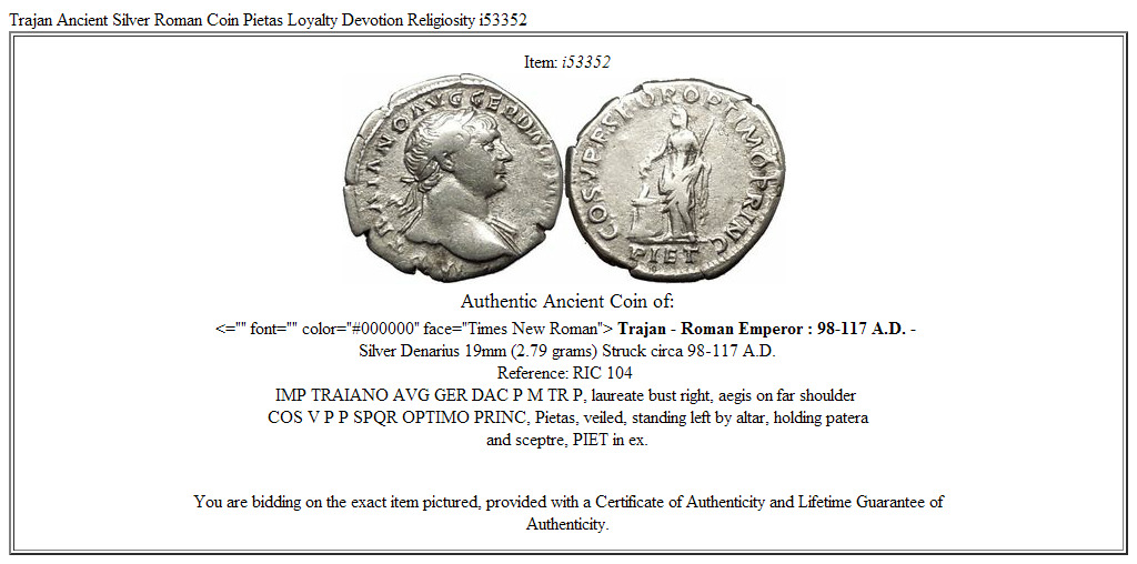 Trajan Ancient Silver Roman Coin Pietas Loyalty Devotion Religiosity i53352