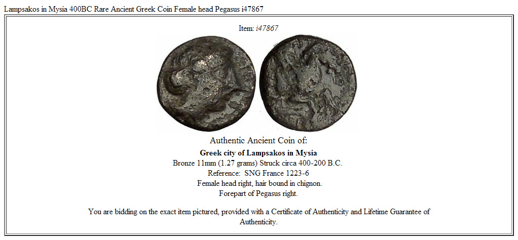 Lampsakos in Mysia 400BC Rare Ancient Greek Coin Female head Pegasus i47867