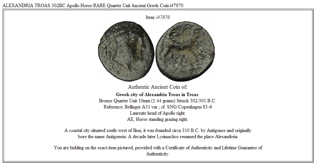 ALEXANDRIA TROAS 302BC Apollo Horse RARE Quarter Unit Ancient Greek Coin i47870