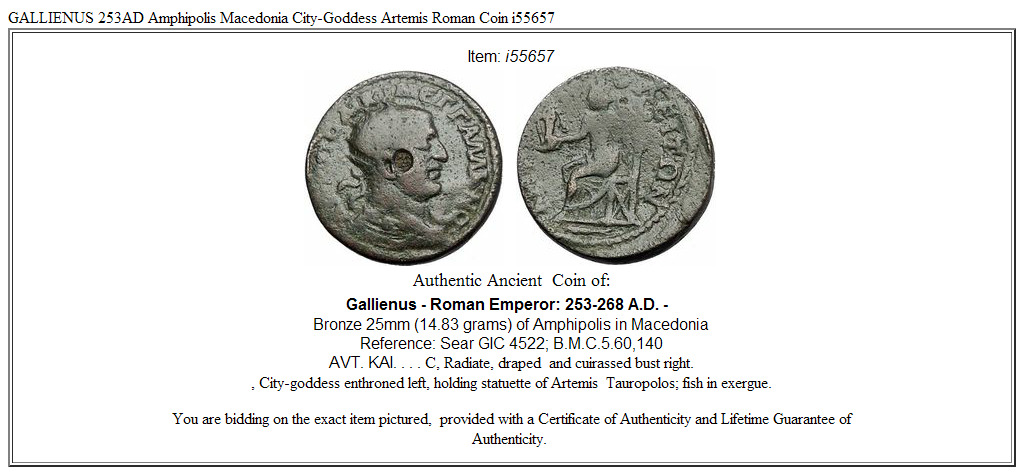 GALLIENUS 253AD Amphipolis Macedonia City-Goddess Artemis Roman Coin i55657