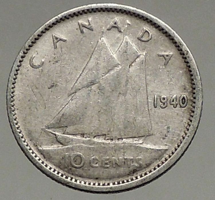 1940 CANADA King George VI - Silver 10 Cent SILVER Coin - BLUENOSE SHIP i56779