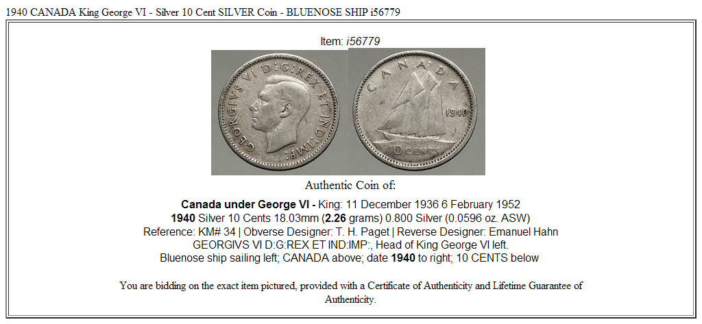 1940 CANADA King George VI - Silver 10 Cent SILVER Coin - BLUENOSE SHIP i56779