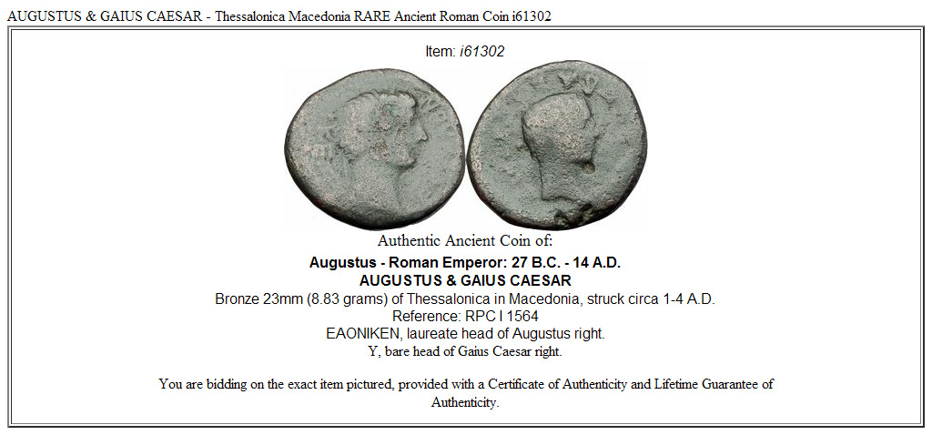 AUGUSTUS & GAIUS CAESAR - Thessalonica Macedonia RARE Ancient Roman Coin i61302