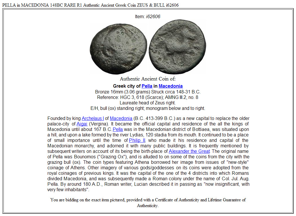 PELLA in MACEDONIA 148BC RARE R1 Authentic Ancient Greek Coin ZEUS & BULL i62606