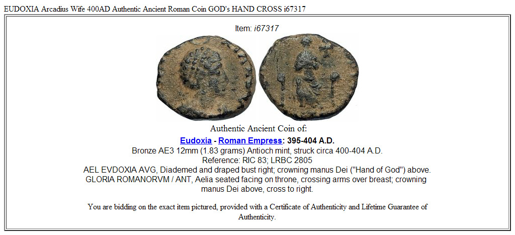 EUDOXIA Arcadius Wife 400AD Authentic Ancient Roman Coin GOD's HAND CROSS i67317