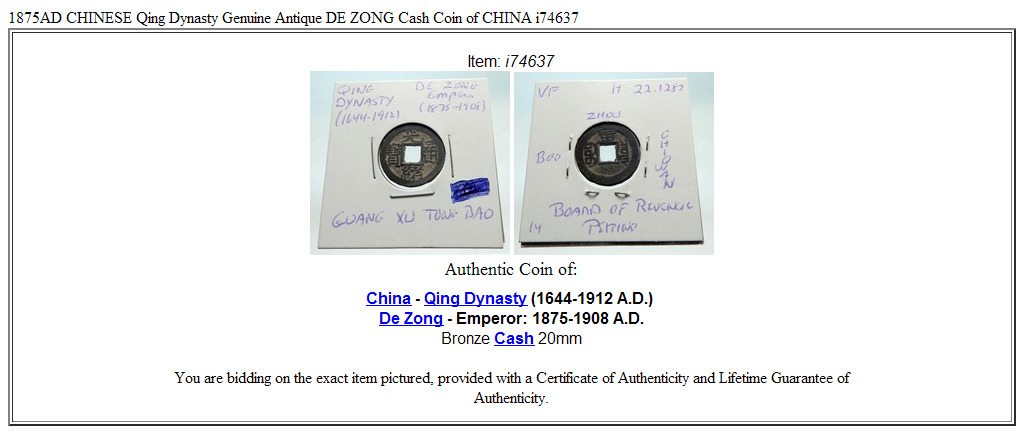 1875AD CHINESE Qing Dynasty Genuine Antique DE ZONG Cash Coin of CHINA i74637