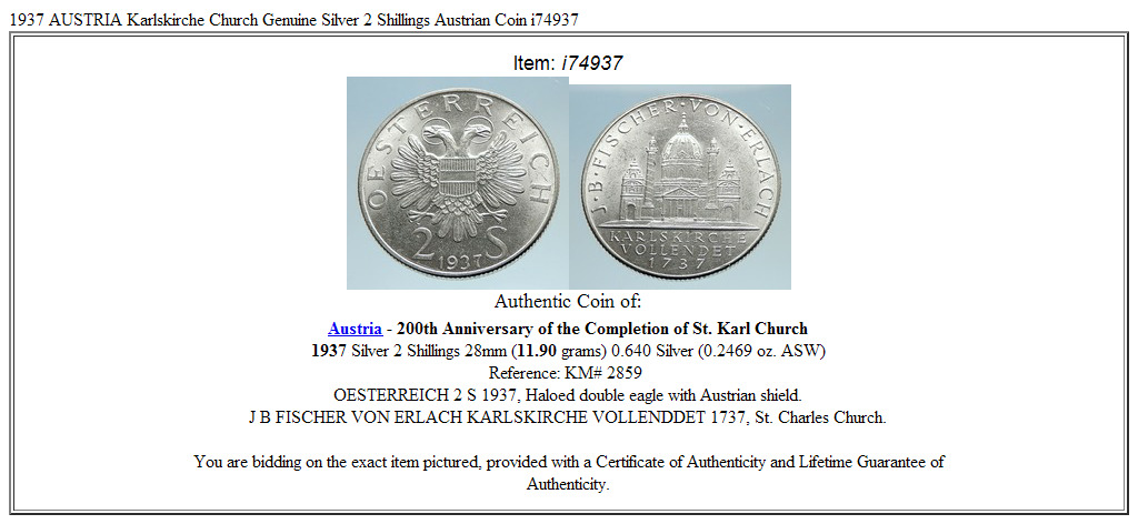 1937 AUSTRIA Karlskirche Church Genuine Silver 2 Shillings Austrian Coin i74937