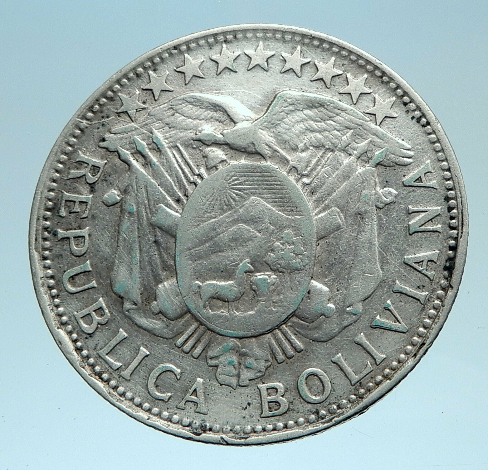 1901 MM BOLIVIA Antique Wreath Eagle Hill Genuine 50 Centavos Silver Coin i78268