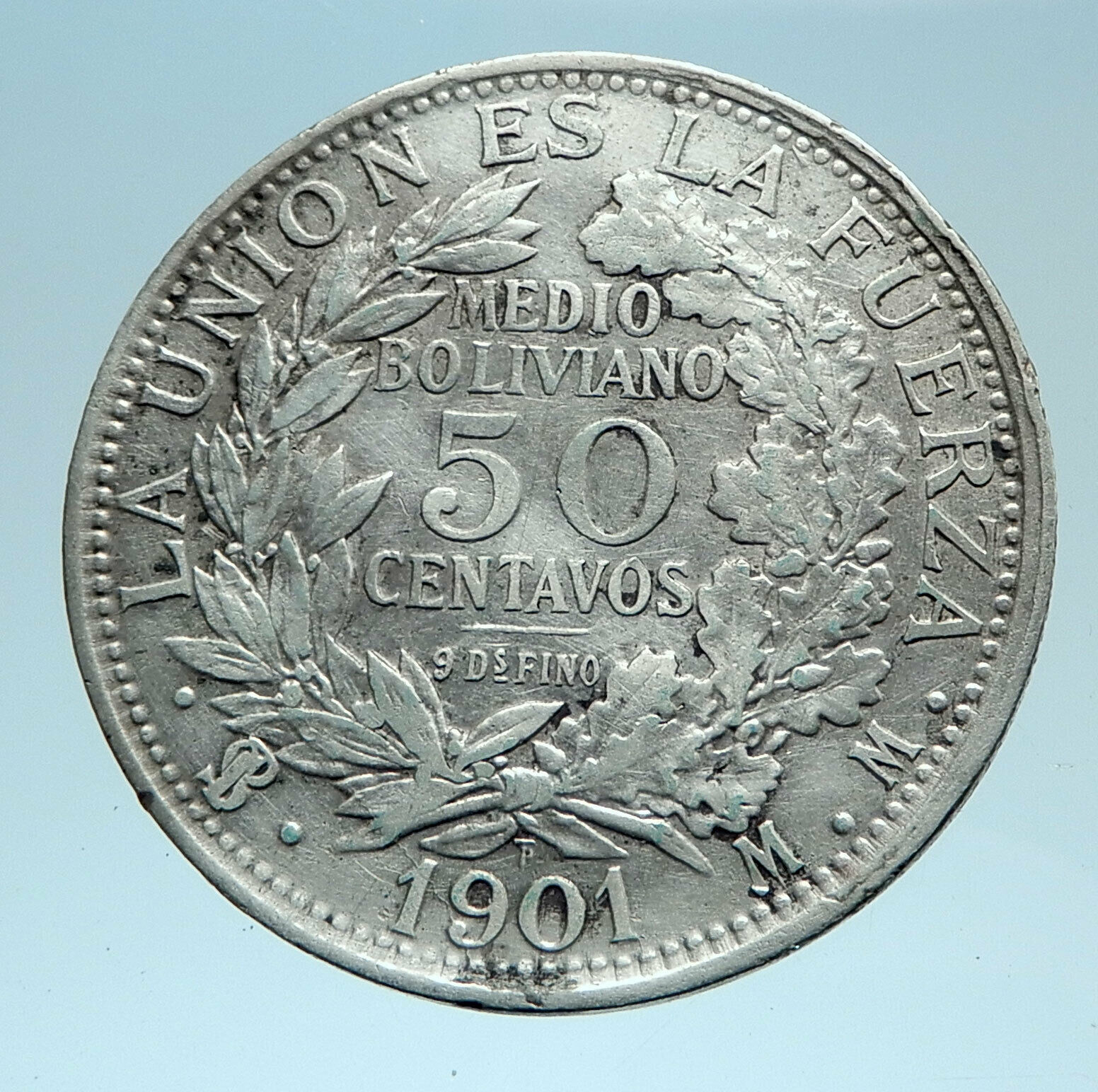 1901 MM BOLIVIA Antique Wreath Eagle Hill Genuine 50 Centavos Silver Coin i78268