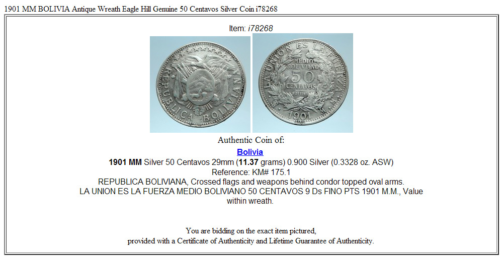 1901 MM BOLIVIA Antique Wreath Eagle Hill Genuine 50 Centavos Silver Coin i78268