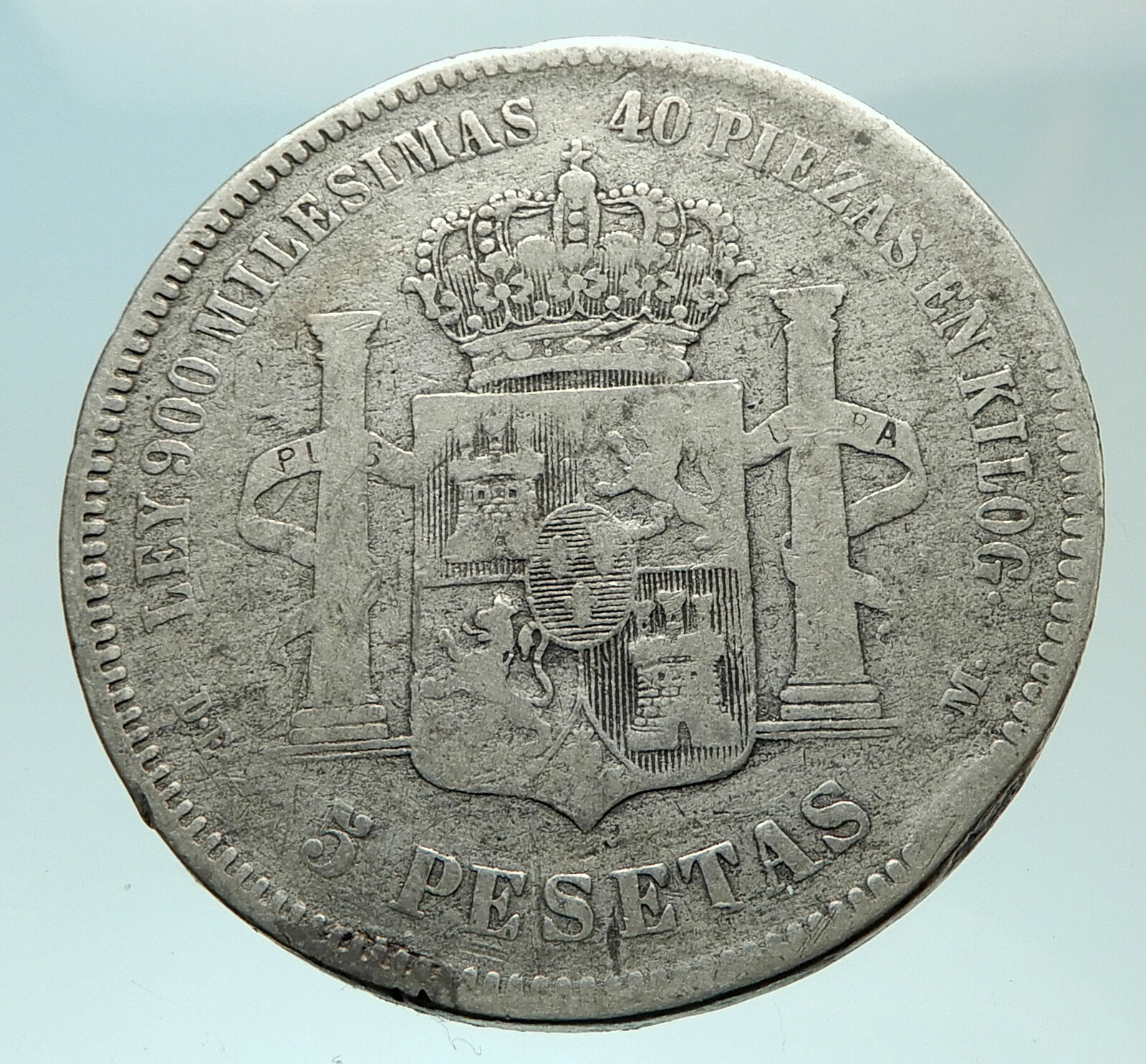 1875 SPAIN w King ALFONSO XII Antique Silver 5 Pesetas SPANISH Coin i75955