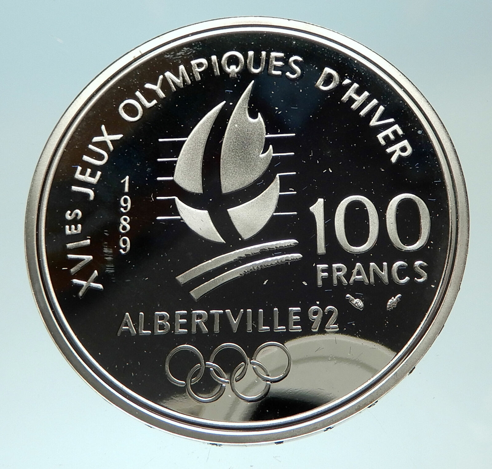 1989 FRANCE Alpine Skiing 1992 Olympics Proof Silver 100 Francs Coin i76878