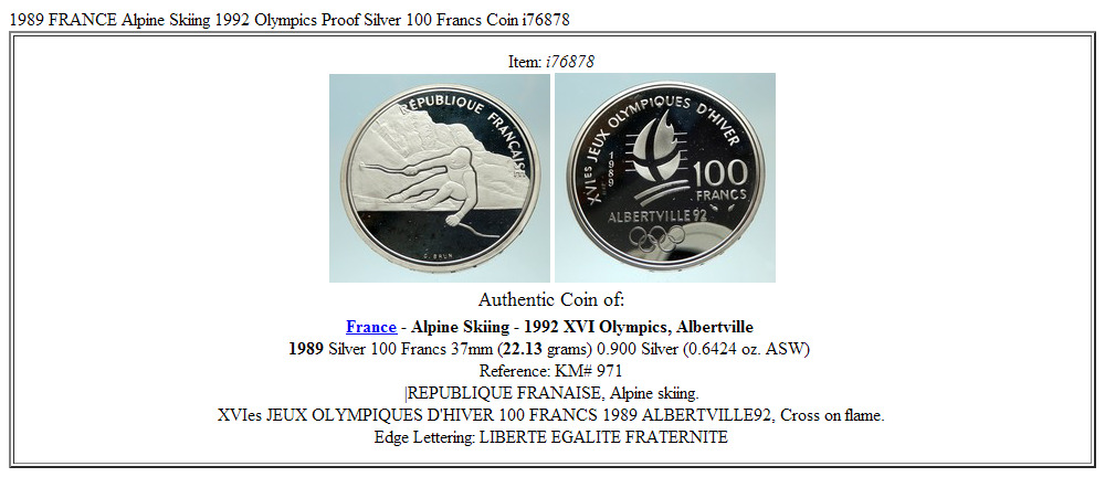 1989 FRANCE Alpine Skiing 1992 Olympics Proof Silver 100 Francs Coin i76878