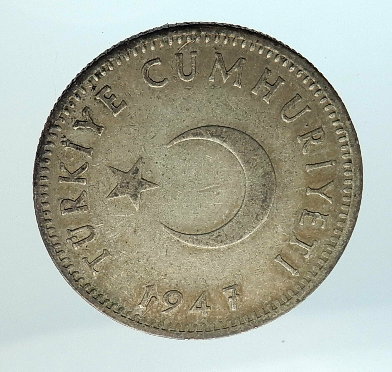 1947 TURKEY Crescent Moon & Star Genuine Silver Islamic 1 Lira Coin i75464