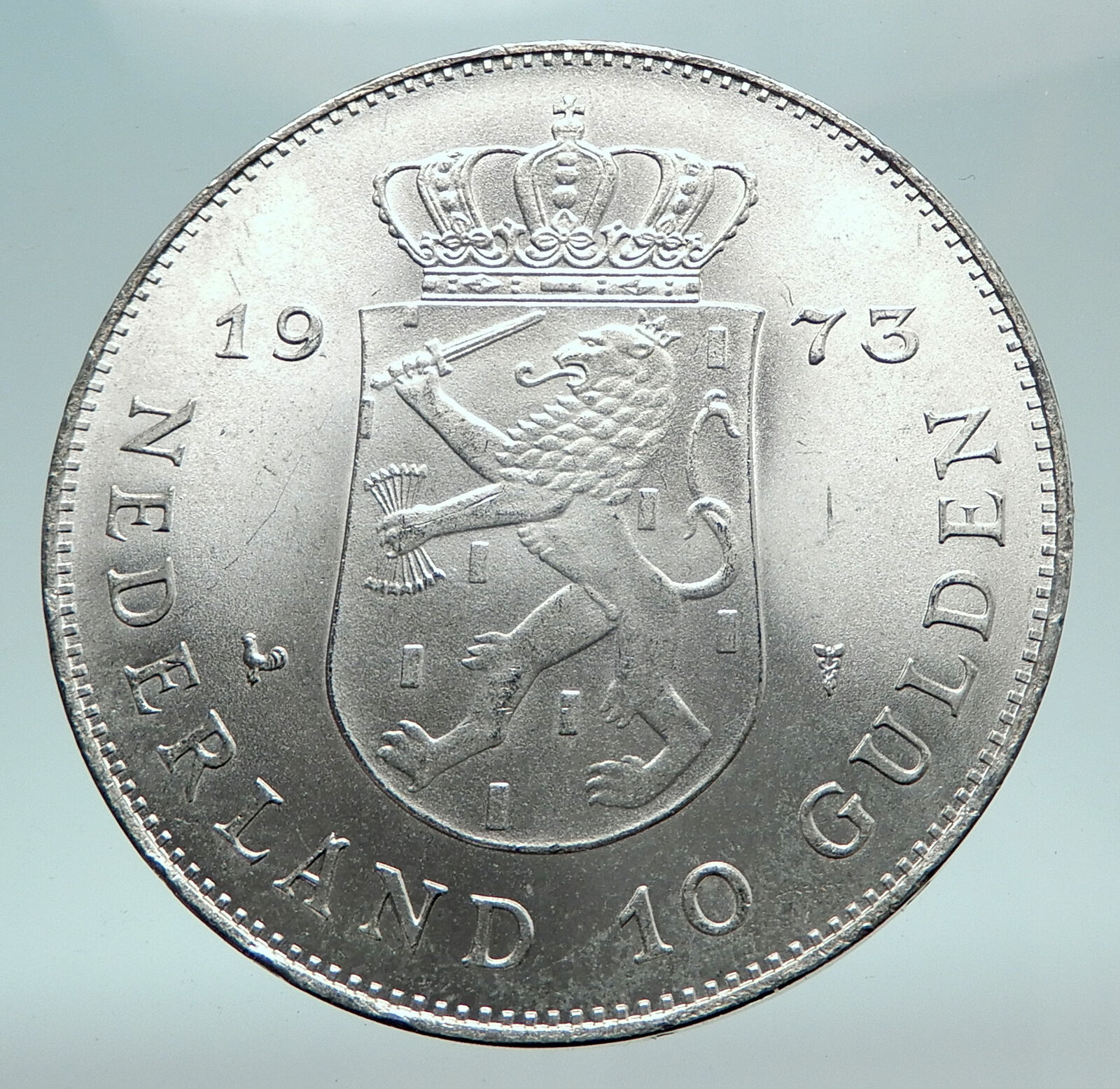 1973 Netherlands Kingdom Queen JULIANA Authentic Silver 10 Gulden Coin i80841