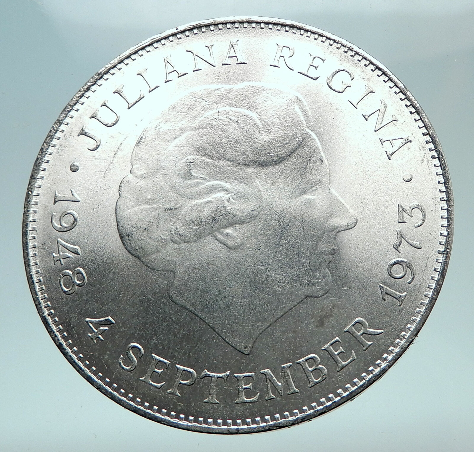 1973 Netherlands Kingdom Queen JULIANA Authentic Silver 10 Gulden Coin i80841