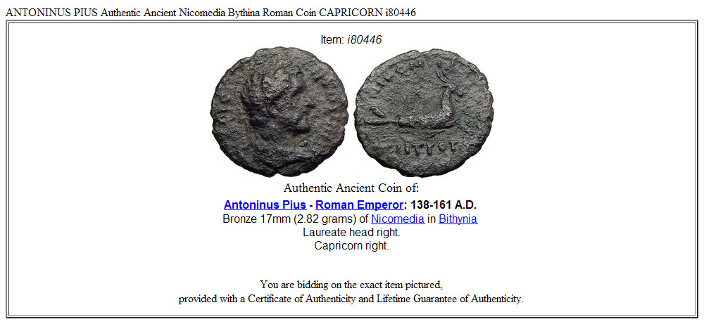 ANTONINUS PIUS Authentic Ancient Nicomedia Bythina Roman Coin CAPRICORN i80446