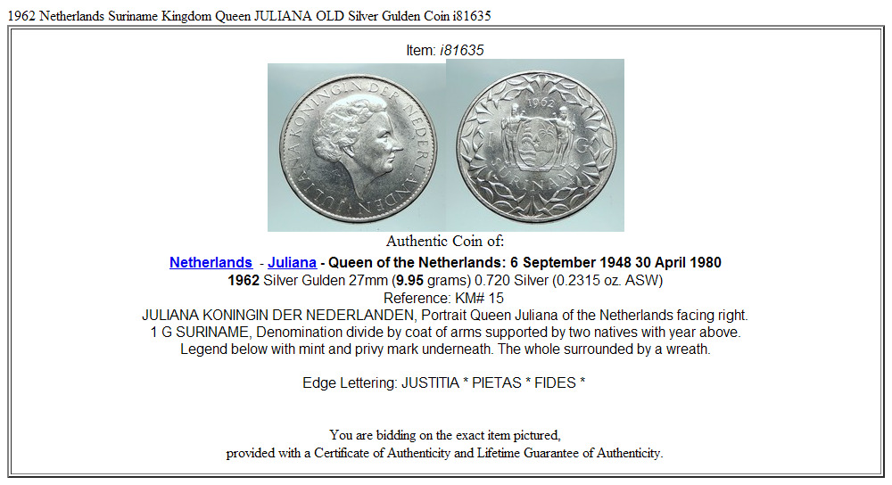 1962 Netherlands Suriname Kingdom Queen JULIANA OLD Silver Gulden Coin i81635