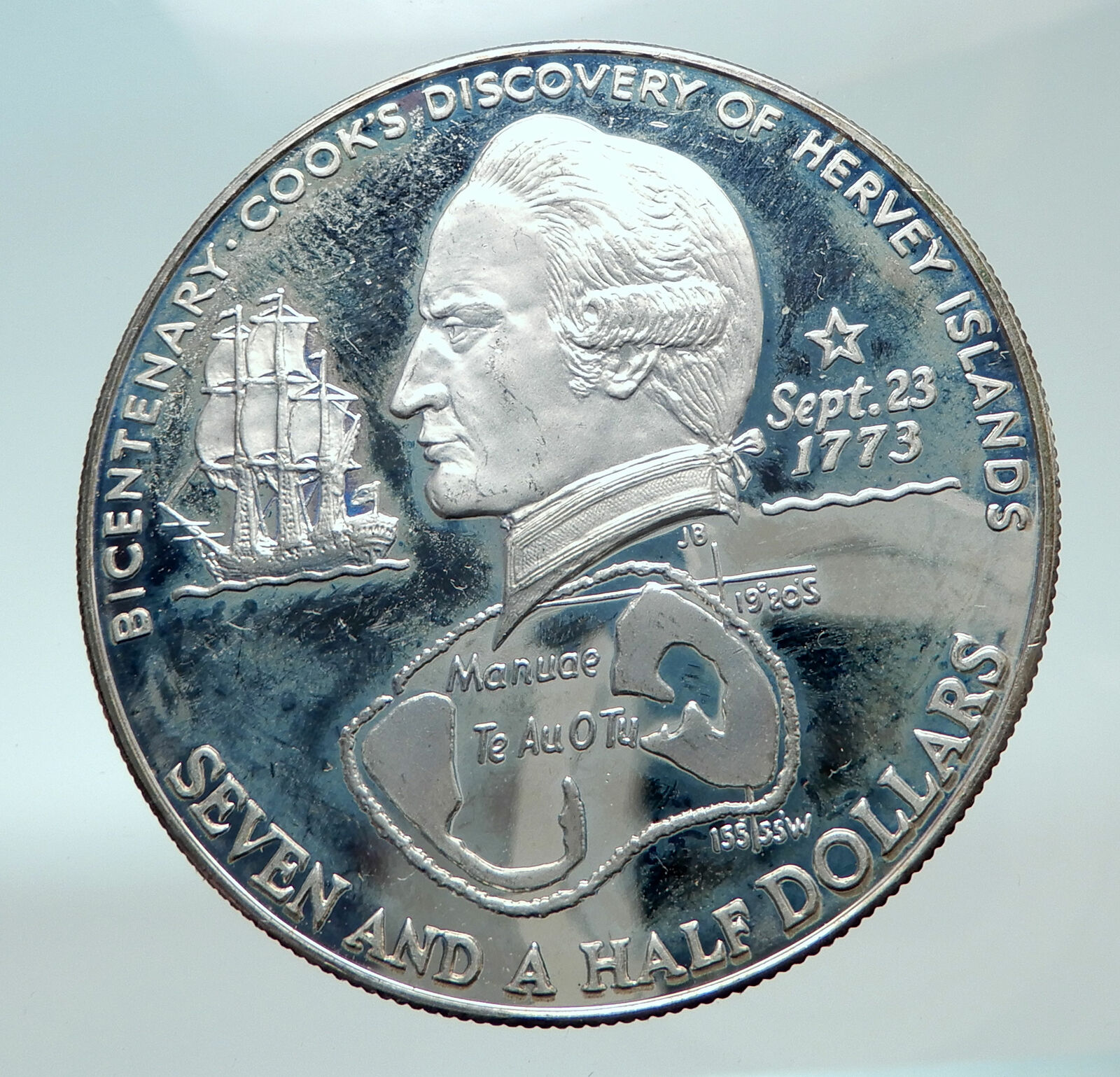 1973 COOK ISLANDS Elizabeth II James Cook Proof Silver 7.5 Dollar Coin i82151