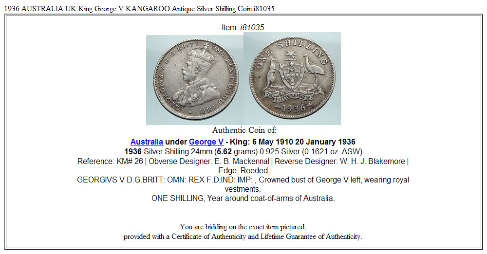 1936 AUSTRALIA UK King George V KANGAROO Antique Silver Shilling Coin i81035