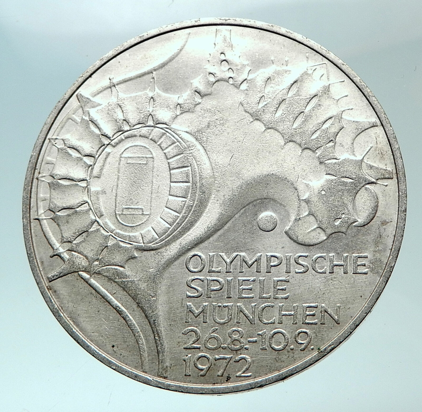 1972 Germany Munich Summer Olympics Stadium Genuine 10 Mark Silver Coin i82143