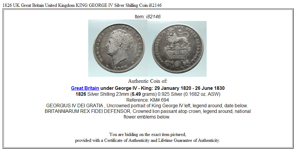 1826 UK Great Britain United Kingdom KING GEORGE IV Silver Shilling Coin i82146