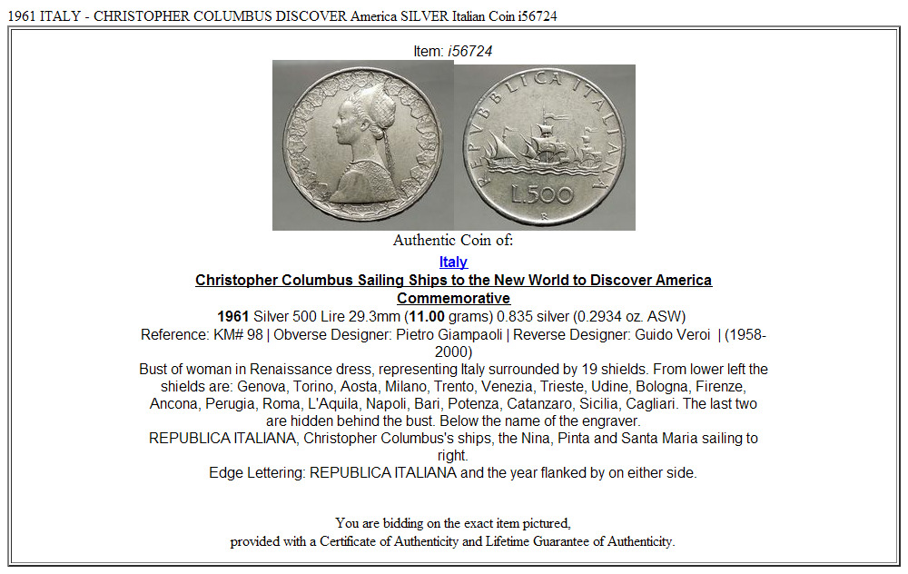 1961 ITALY - CHRISTOPHER COLUMBUS DISCOVER America SILVER Italian Coin i56724