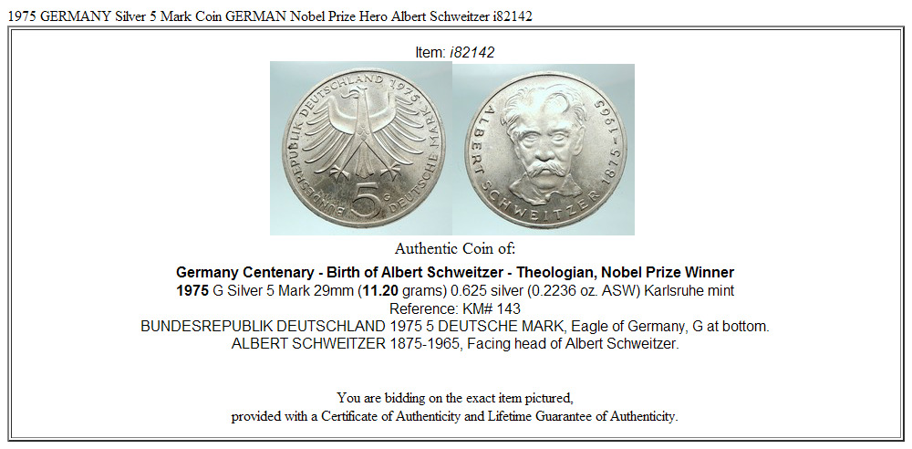 1975 GERMANY Silver 5 Mark Coin GERMAN Nobel Prize Hero Albert Schweitzer i82142