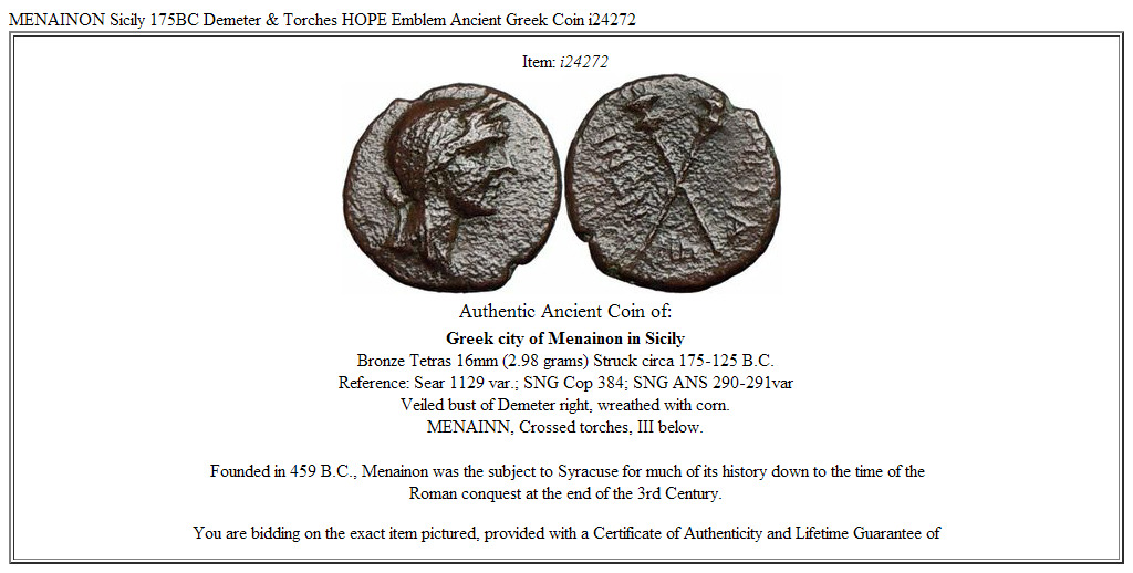 MENAINON Sicily 175BC Demeter & Torches HOPE Emblem Ancient Greek Coin i24272