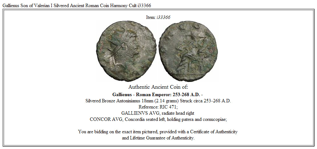 Gallienus Son of Valerian I Silvered Ancient Roman Coin Harmony Cult i33366