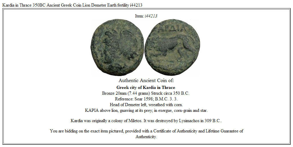 Kardia in Thrace 350BC Ancient Greek Coin Lion Demeter Earth fertility i44213