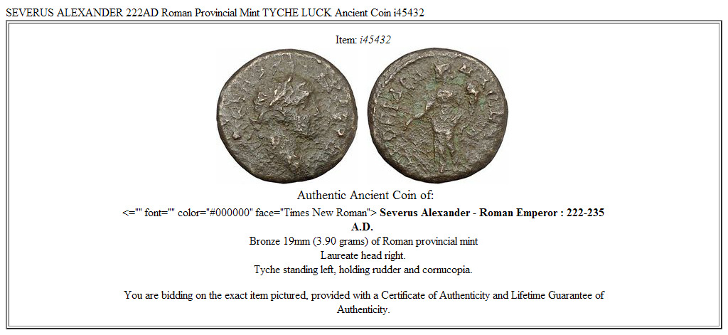 SEVERUS ALEXANDER 222AD Roman Provincial Mint TYCHE LUCK Ancient Coin i45432