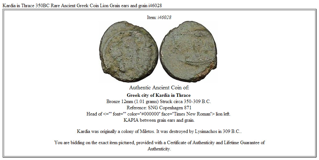 Kardia in Thrace 350BC Rare Ancient Greek Coin Lion Grain ears and grain i46028