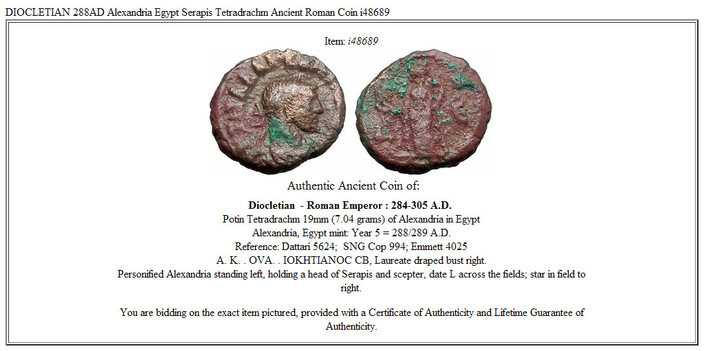 DIOCLETIAN 288AD Alexandria Egypt Serapis Tetradrachm Ancient Roman Coin i48689