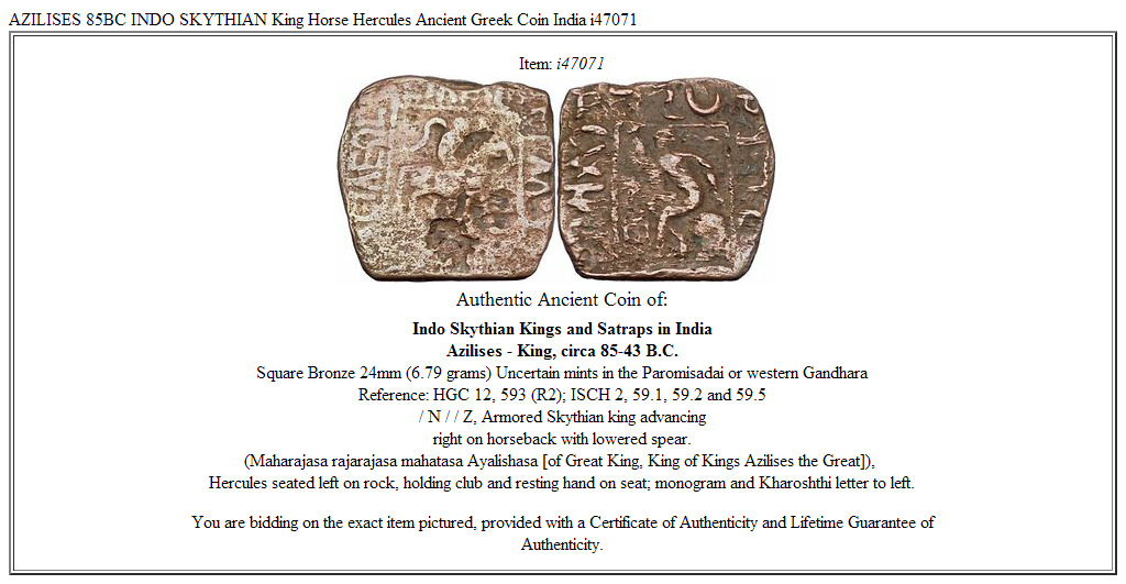 AZILISES 85BC INDO SKYTHIAN King Horse Hercules Ancient Greek Coin India i47071