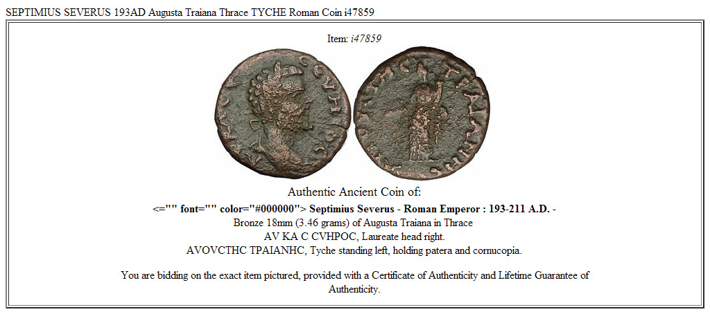 SEPTIMIUS SEVERUS 193AD Augusta Traiana Thrace TYCHE Roman Coin i47859