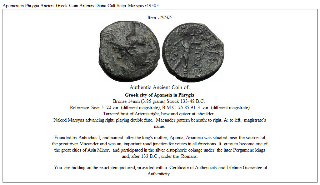 Apameia in Phrygia Ancient Greek Coin Artemis Diana Cult Satyr Marsyas i49505