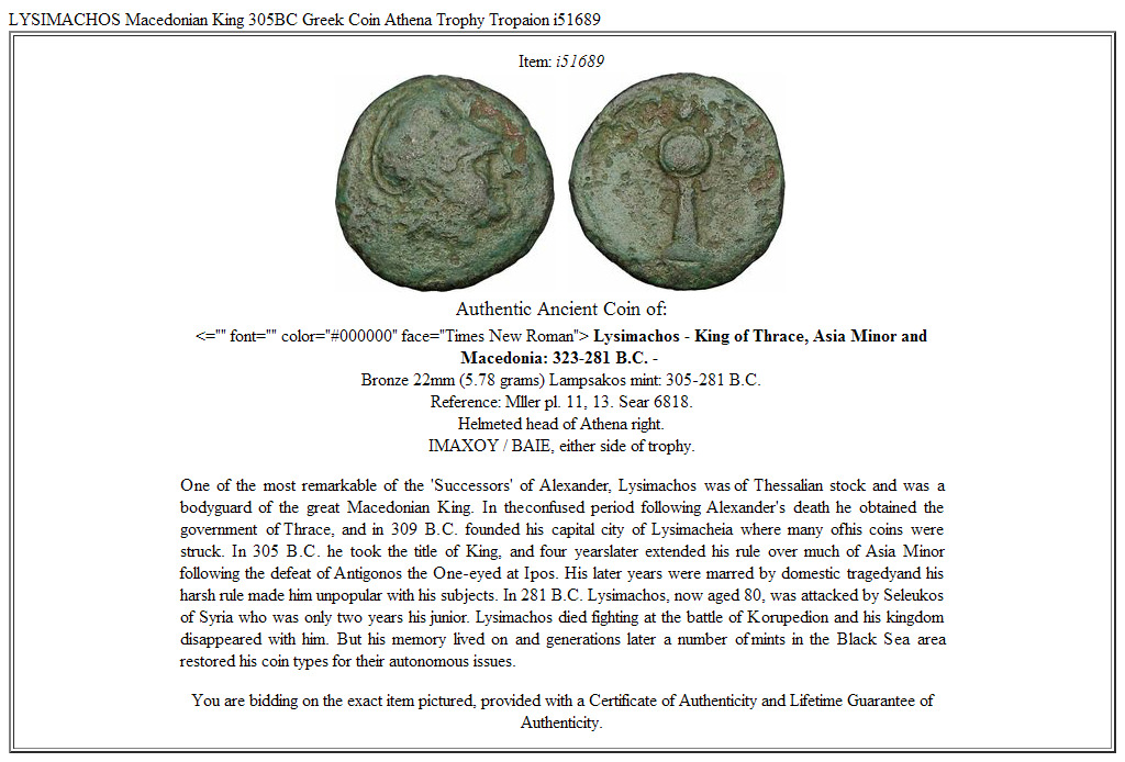 LYSIMACHOS Macedonian King 305BC Greek Coin Athena Trophy Tropaion i51689