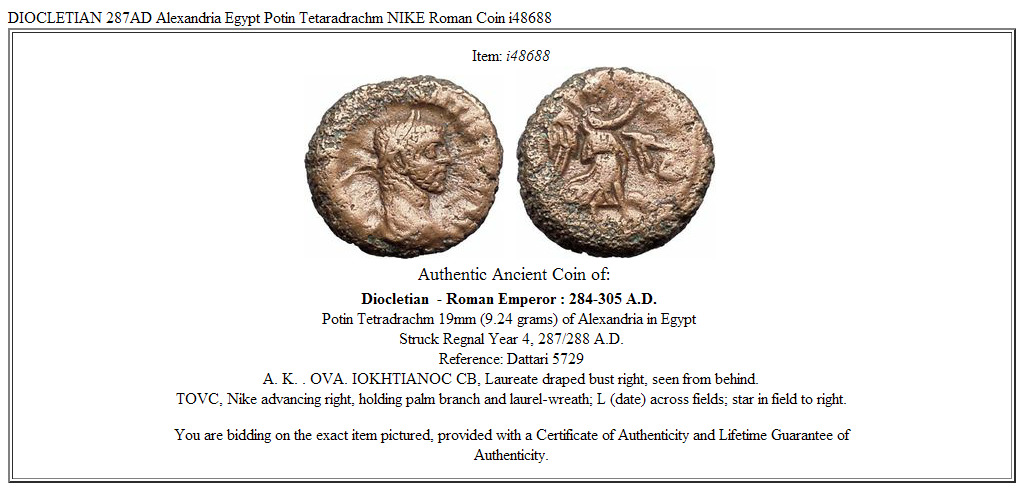 DIOCLETIAN 287AD Alexandria Egypt Potin Tetaradrachm NIKE Roman Coin i48688