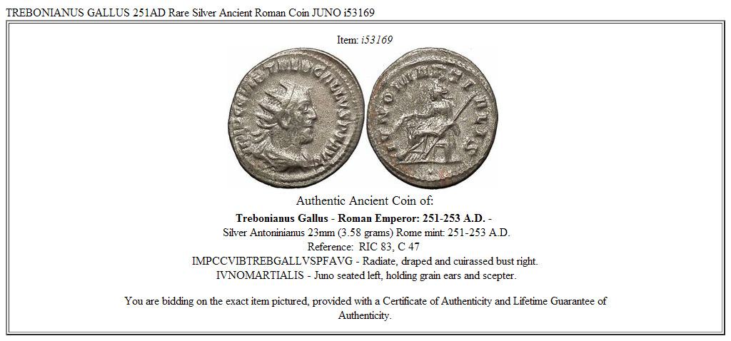 TREBONIANUS GALLUS 251AD Rare Silver Ancient Roman Coin JUNO i53169