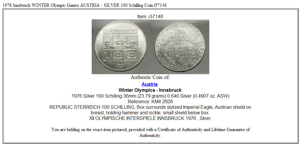 1976 Innsbruck WINTER Olympic Games AUSTRIA - SILVER 100 Schilling Coin i57148